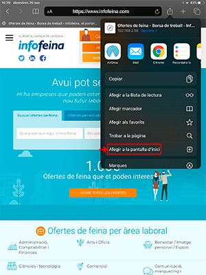 Fes clic al botó de compartir perquè us aparegui el desplegable amb les opcions disponibles i selecciona 'Afegeix a la pantalla d'inici'.
